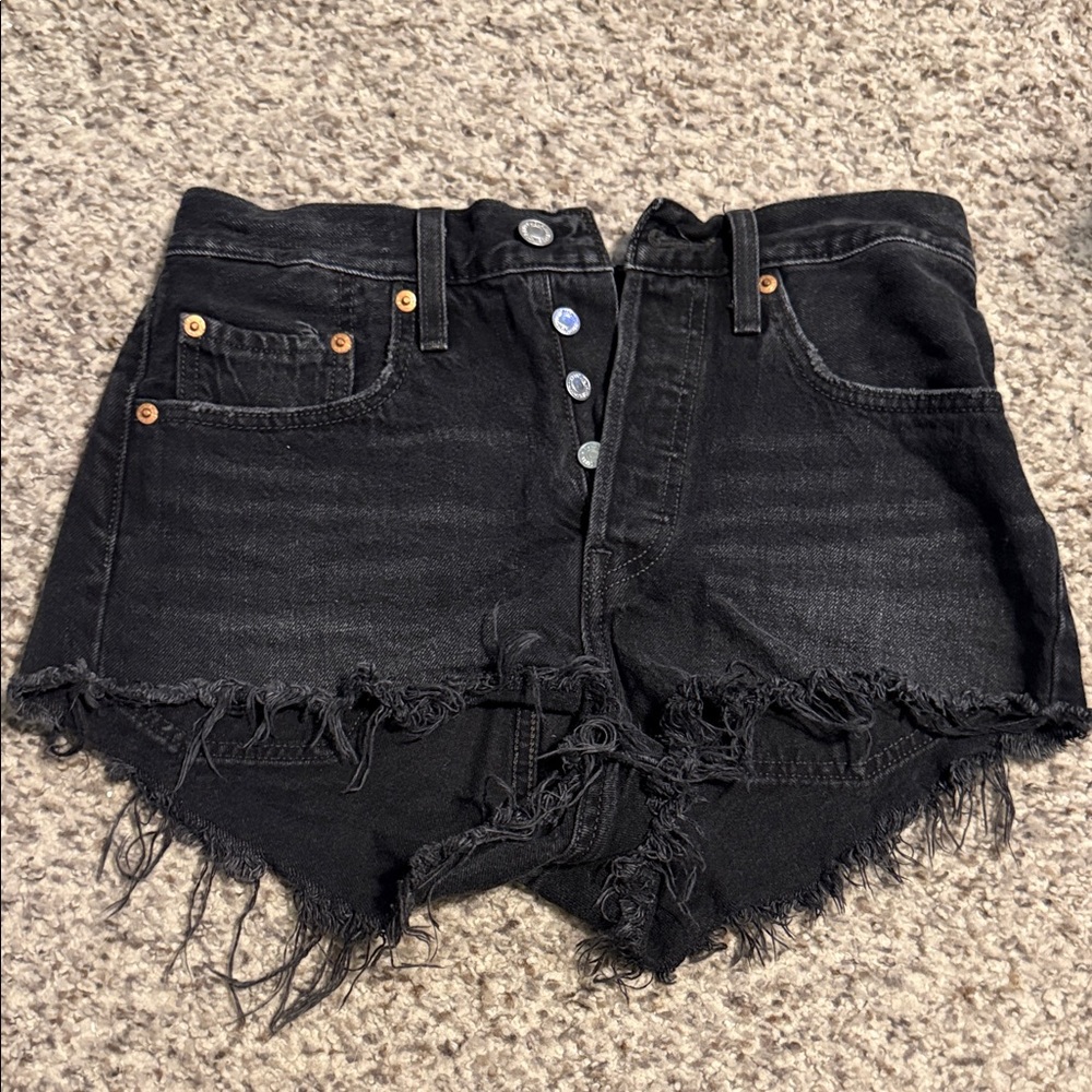 Levi’s 501 Button Fly Black Distressed Denim Shorts